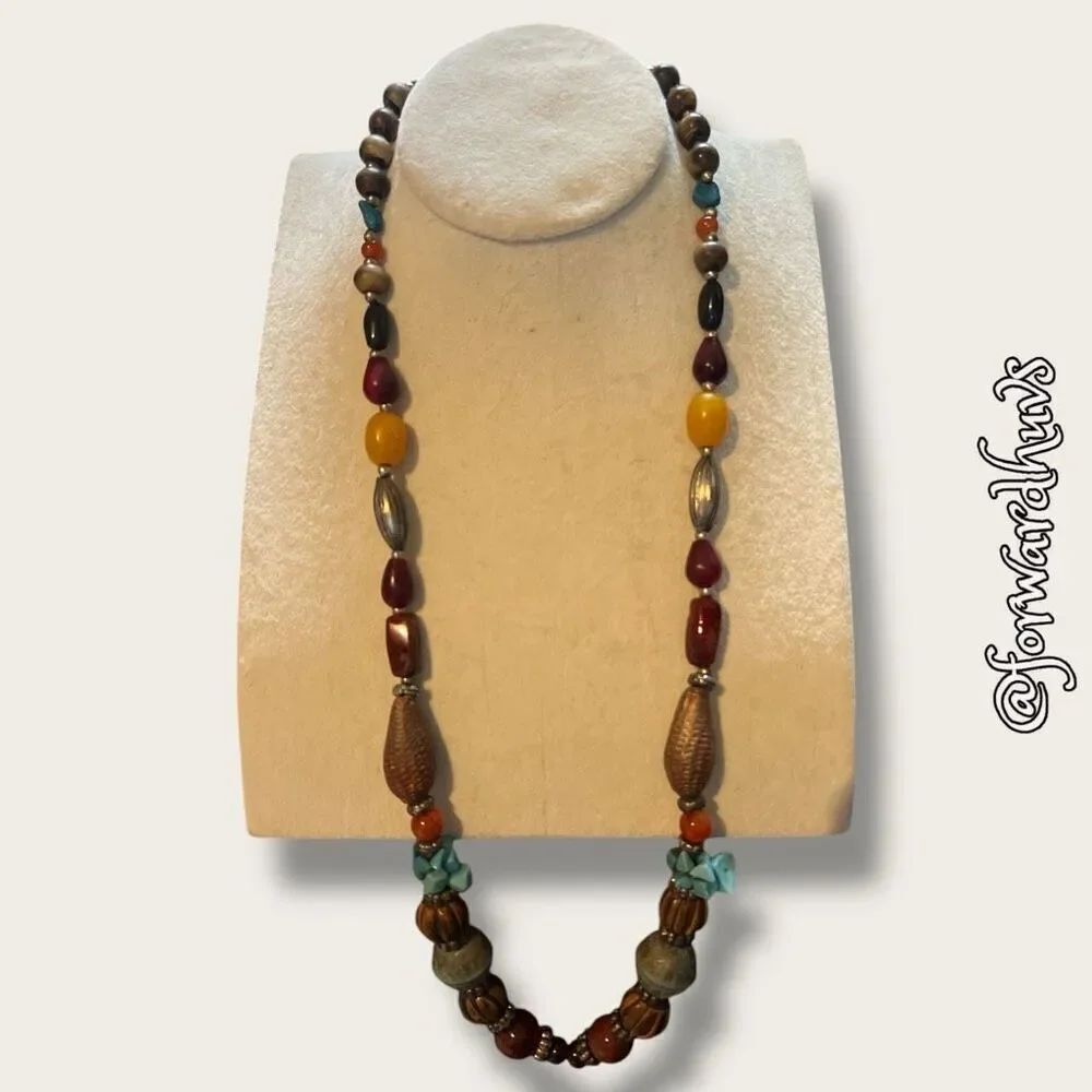 Multi-Style Beaded Necklace with Turquoise Chip Clusters